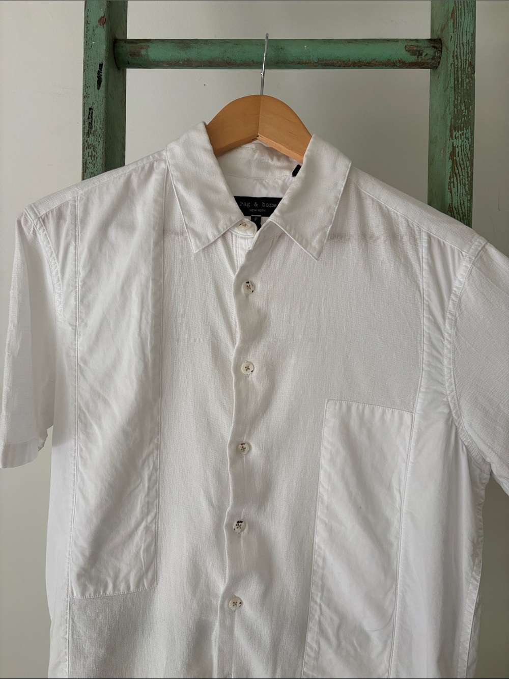 Rag & Bone Dalton Patchwork Shirt – White | Short Sleeve Button-Up | Premium Fab - Picture 5 of 6